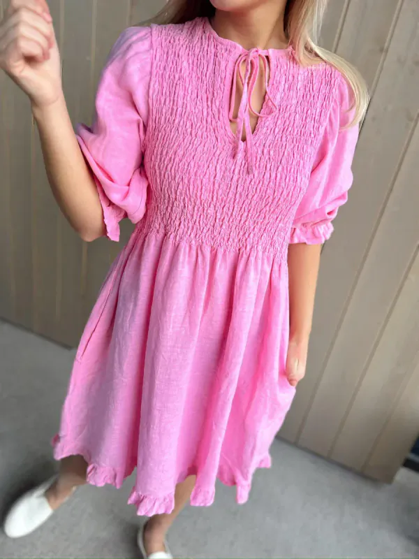 RAH OSLO - ELLA SMOCK DRESS LINEN - PINK