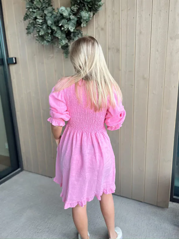 RAH OSLO - ELLA SMOCK DRESS LINEN - PINK