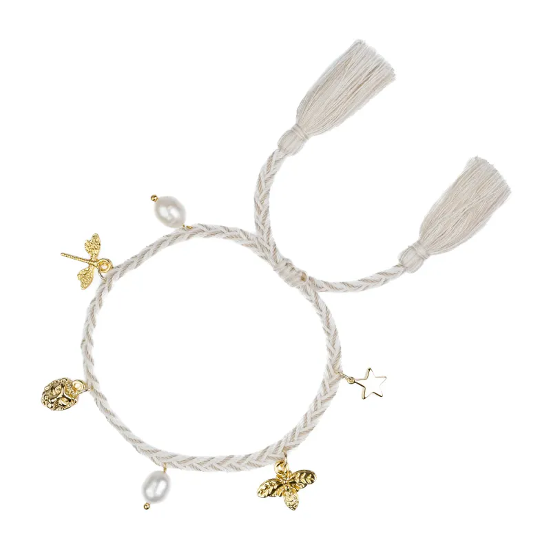  DARK - WOVEN FRIENDSHIP BRACELET W/CHARMS WHITE & SAND MIX