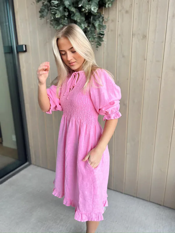 RAH OSLO - ELLA SMOCK DRESS LINEN - PINK